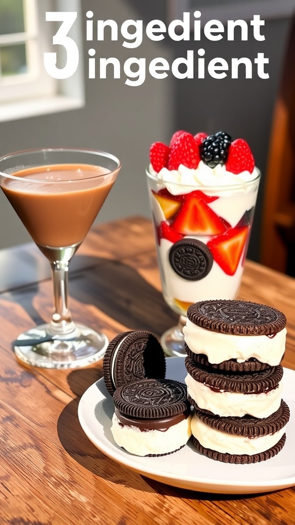 Three easy desserts: chocolate mousse, fruit parfait, and Oreo ice cream sandwiches on a wooden table.
